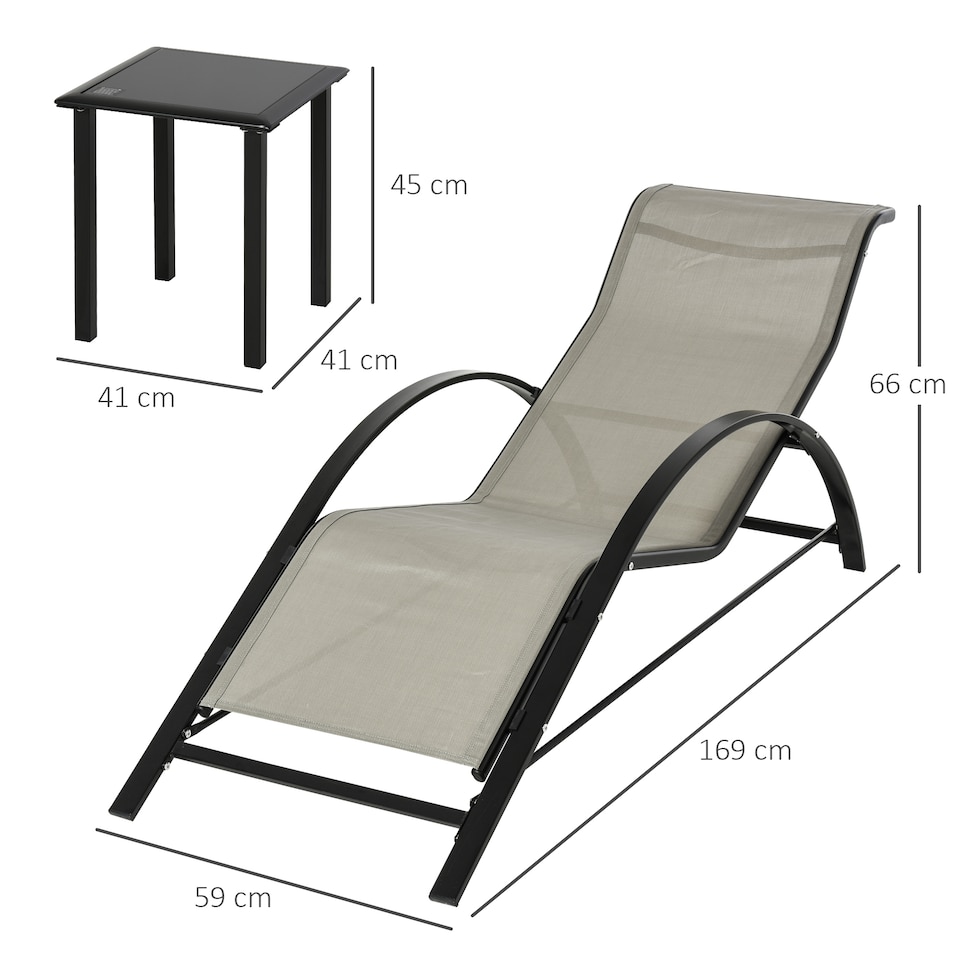 image 1 of Outsunny 3 Pieces Sun Lounger Chair Set, Metal Frame Outdoor Garden Recliner Chairs with Glass Top Side Table and Armrests for Patio, Grey