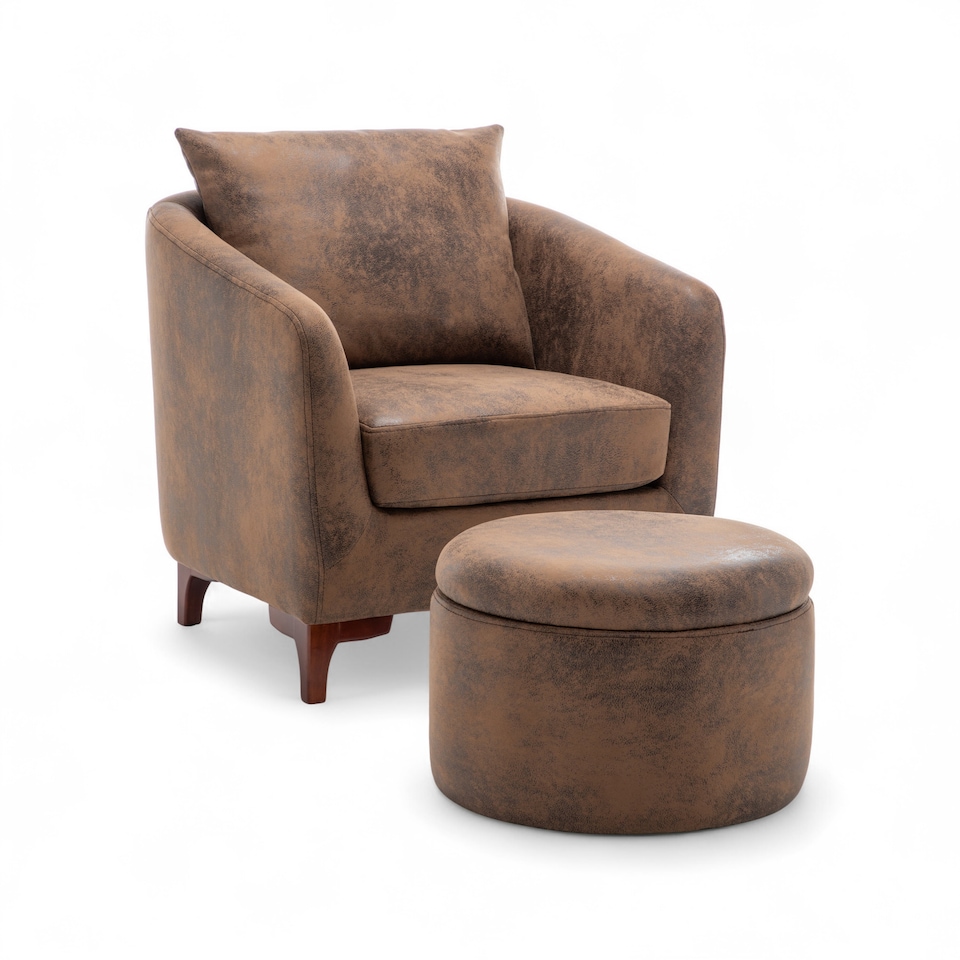 image 1 of Faux Leather Suede Brown Angela Accent Tub Chair with Ottoman