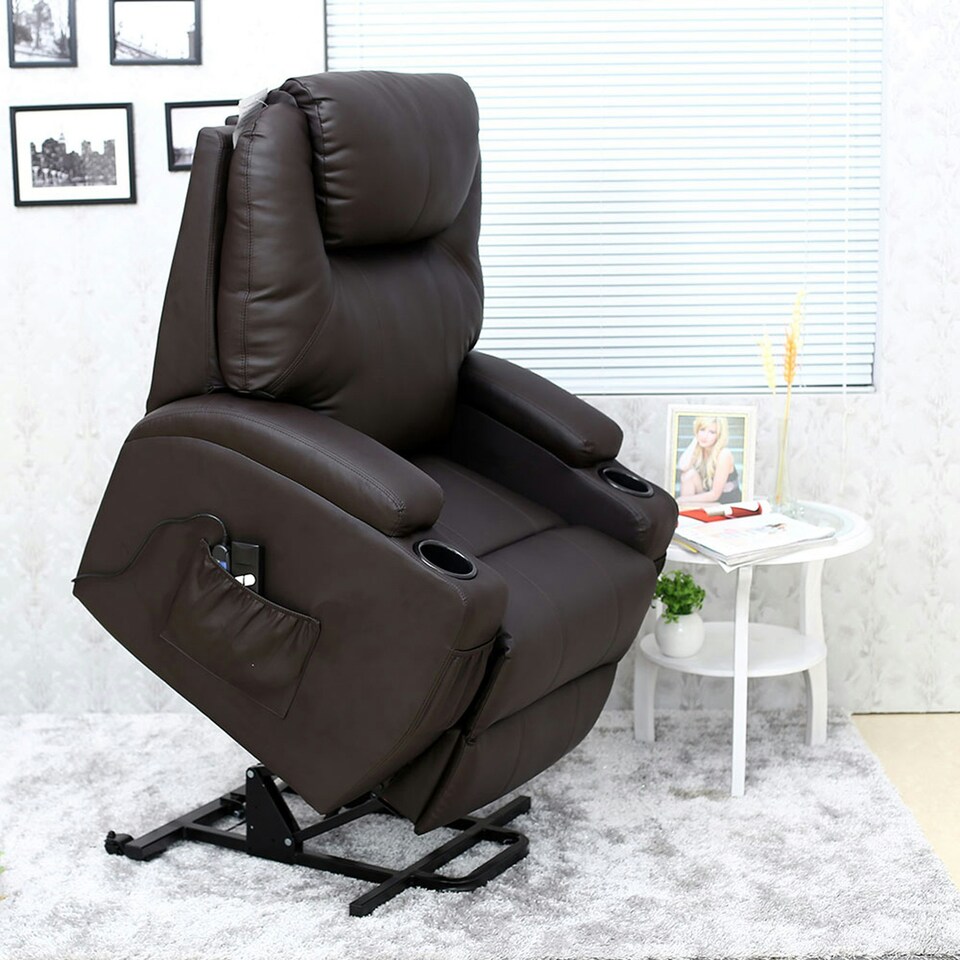 image 1 of Cinemo Single Motor Rise Recliner Bonded Leather Heat & Massage Chair (Brown)