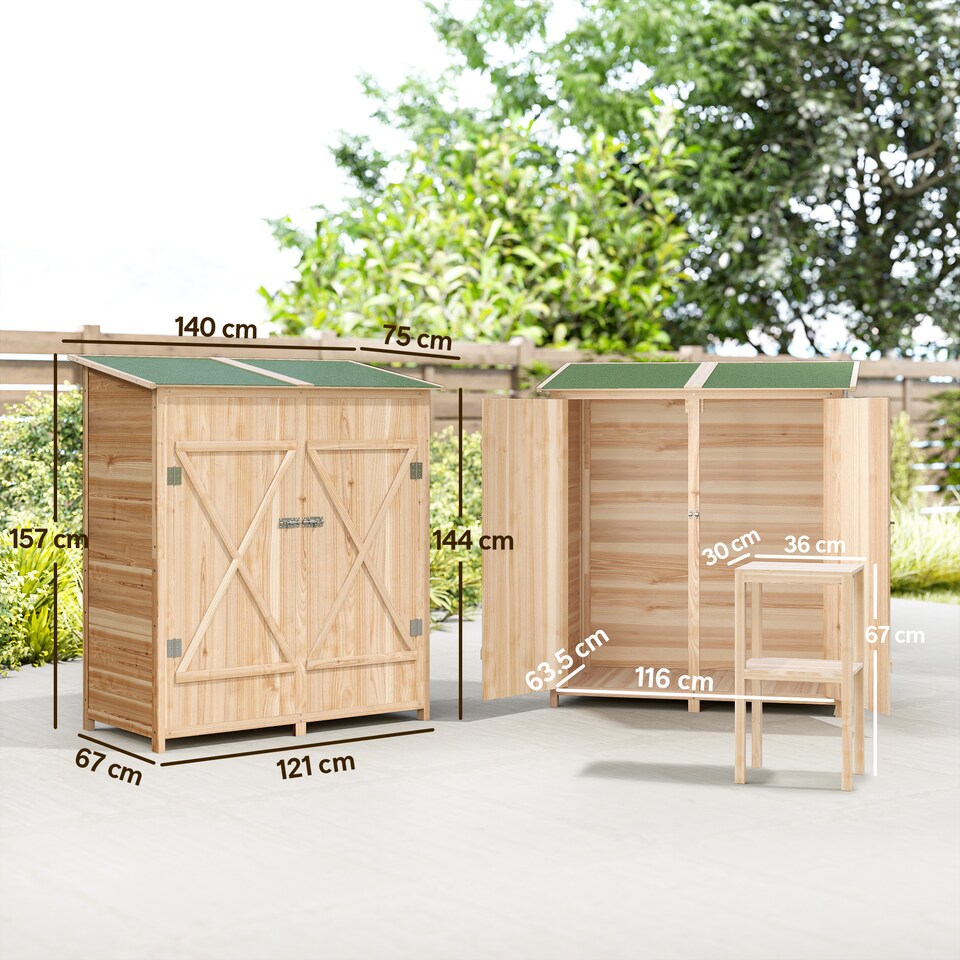 image 1 of Outsunny Small Shed, Wooden Garden Shed with Flexible Table, Hooks and Ground Nails, Lockable Tool Garden Organiser with Asphalt Roof, 140 x 75 x 157cm, Natural