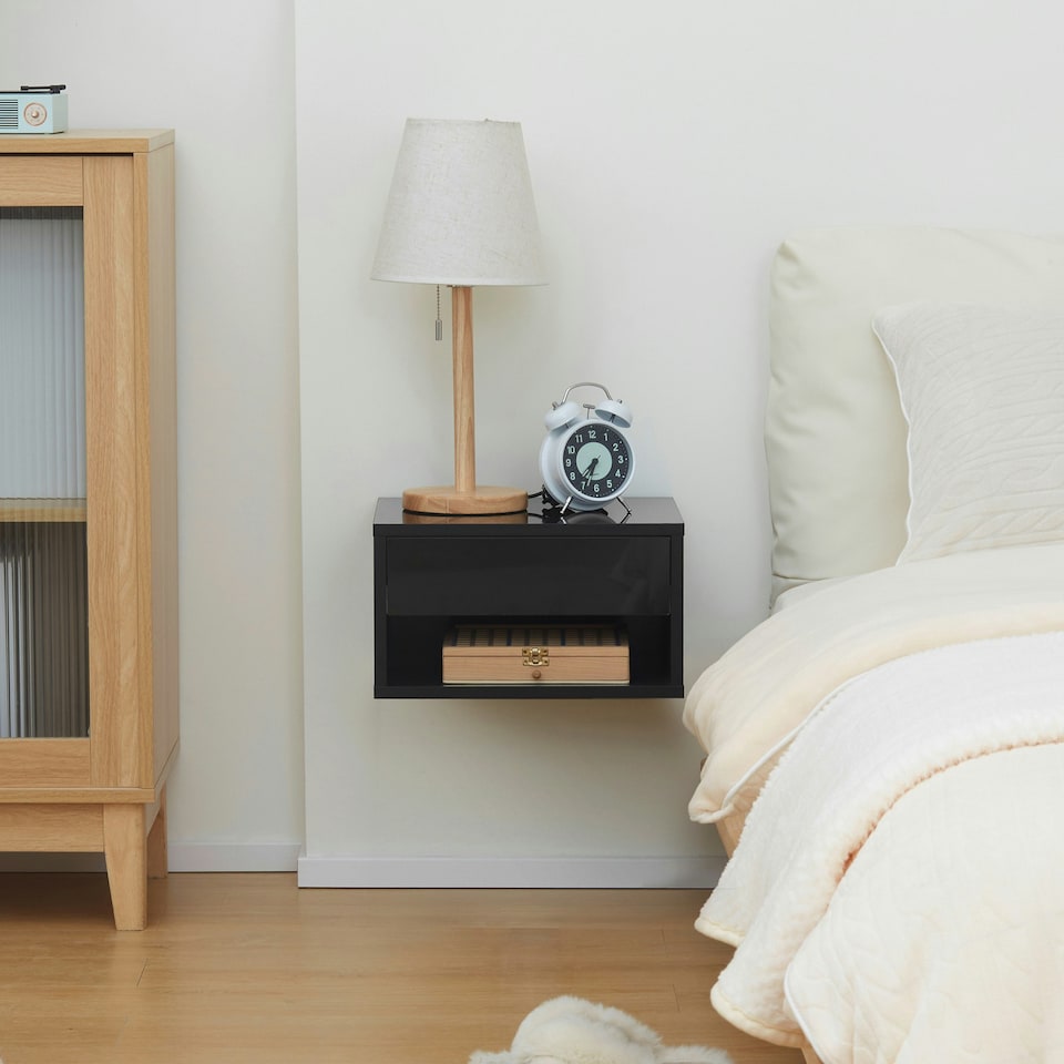 image 1 of HOMCOM Floating Bedside Table Set of 2 Wall Mounted Nightstand W/ Drawer Black