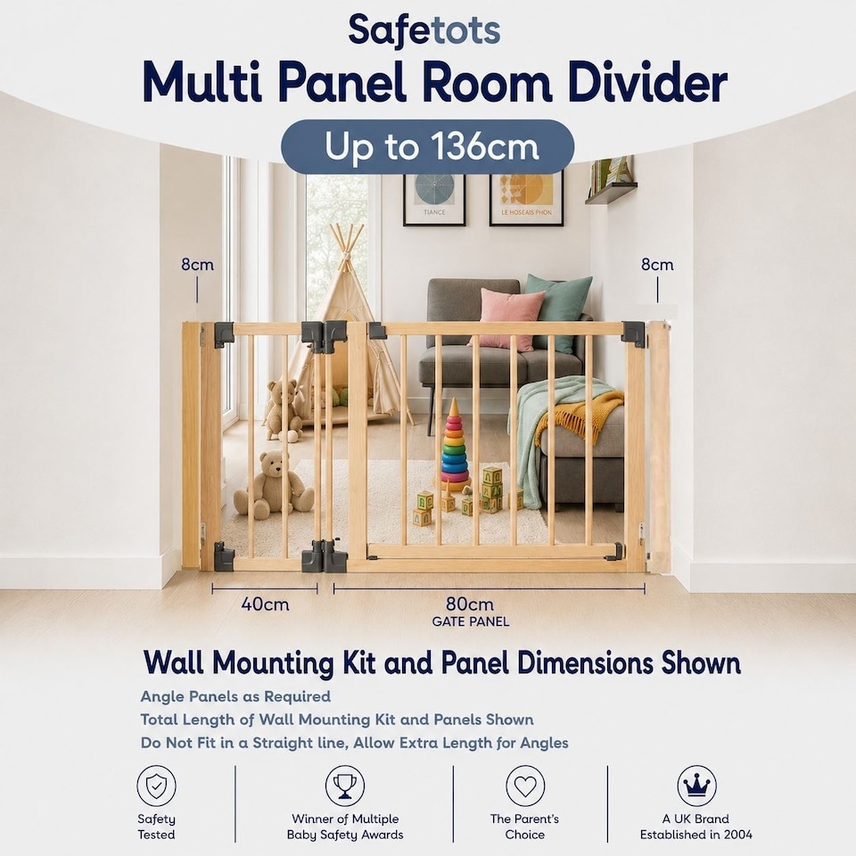 image 1 of Safetots Wooden Multi Panel Room Divider, up to 136cm, Natural Wood, 76cm Tall, Flexible Room Divider for Baby and Toddler | Cream | Natural