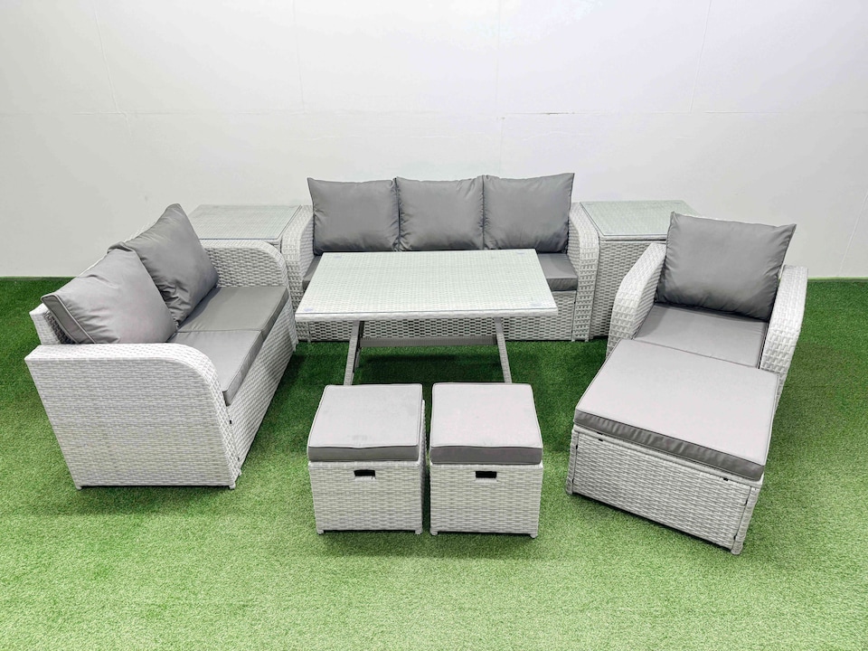 image 1 of Fimous Rattan High Back Lounge Sofa Set Patio Dining Table & Chairs Set with 3 Seater Sofa Reclining Chair 2 Side Tables 3 Stool Light Grey