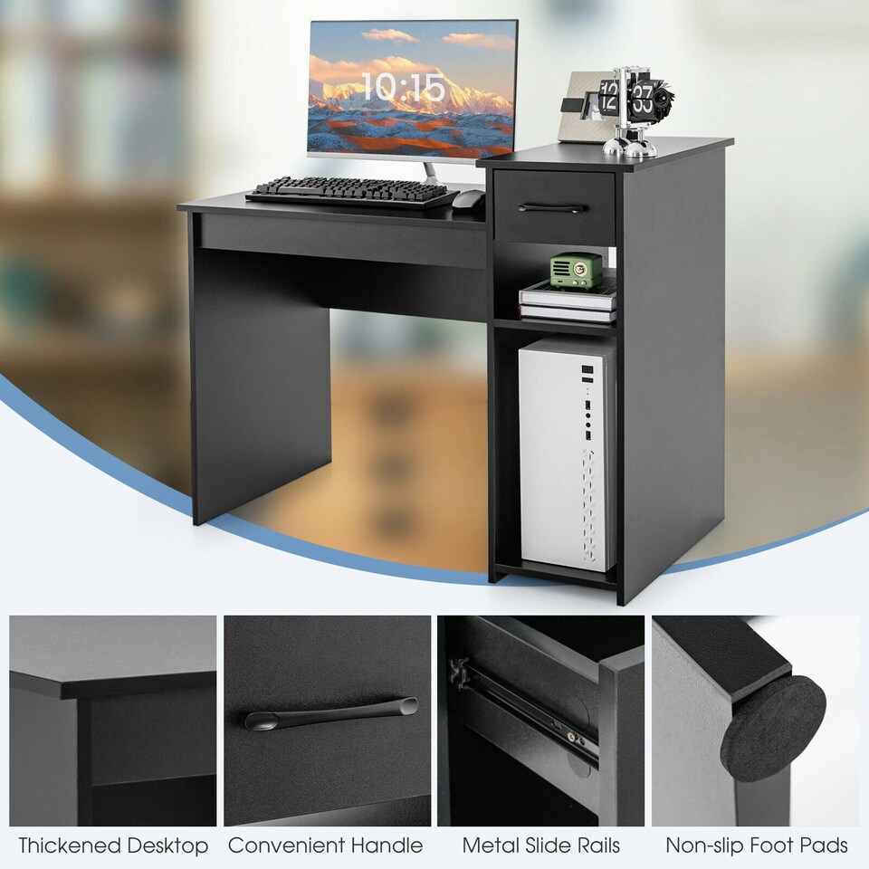 image 1 of COSTWAY Computer Desk with Drawer Compact Study Desk Black Black