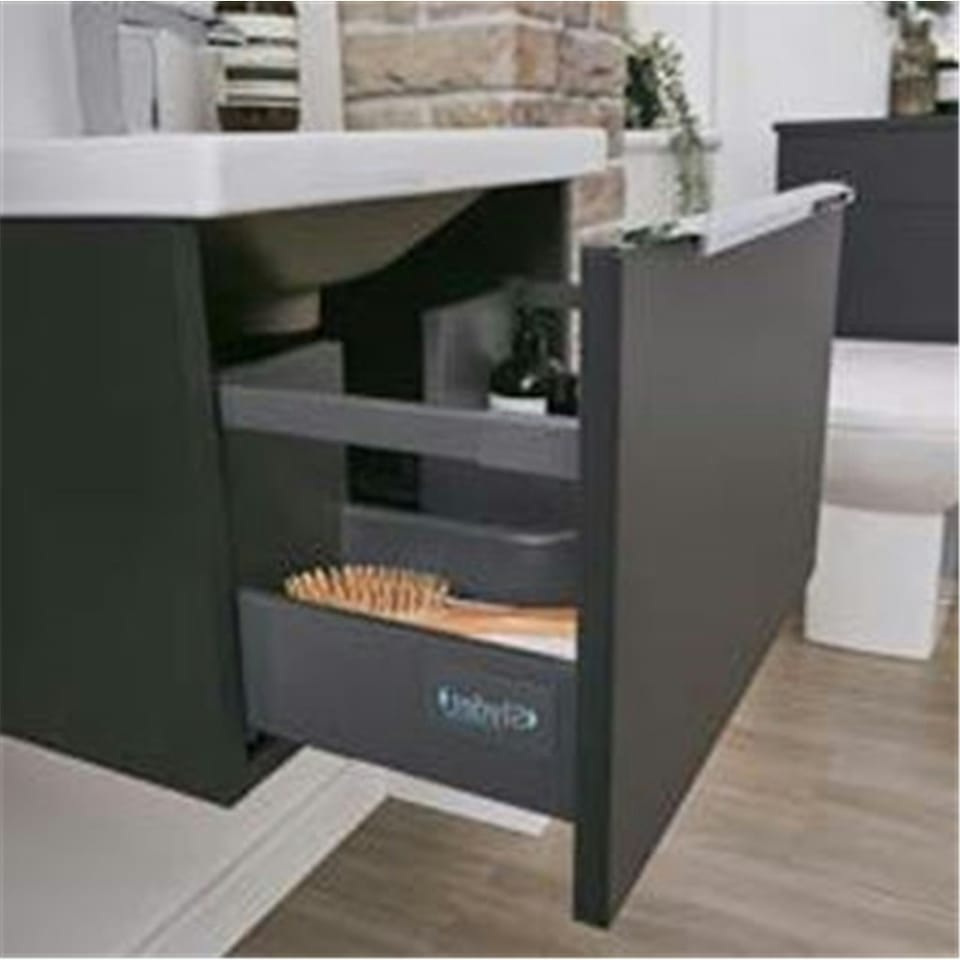image 1 of 1200mm Bathroom Wall Mounted Drawer Unit and Twin Ceramic Basin - Matt Dark Grey (Central) - Brassware Not Included Grey