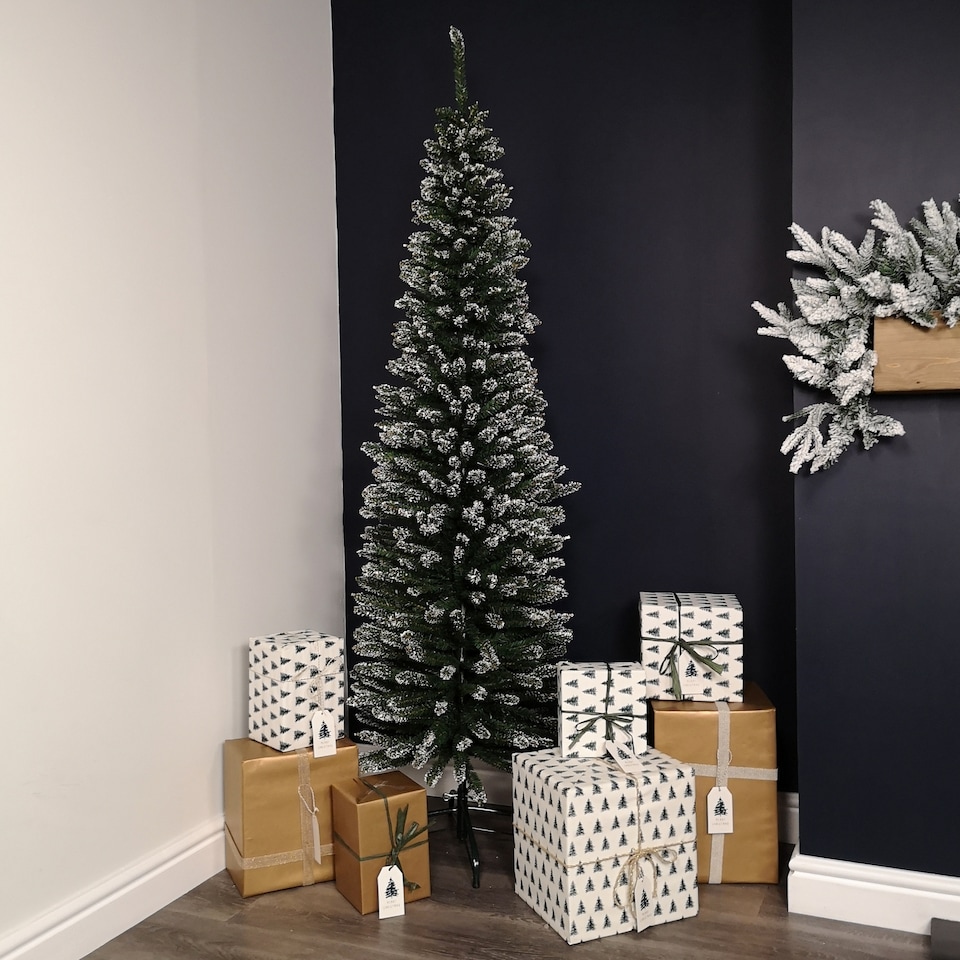image 1 of 6.5ft (2m) Pencil Style Slim Snow Tipped Artificial Christmas Tree in Green
