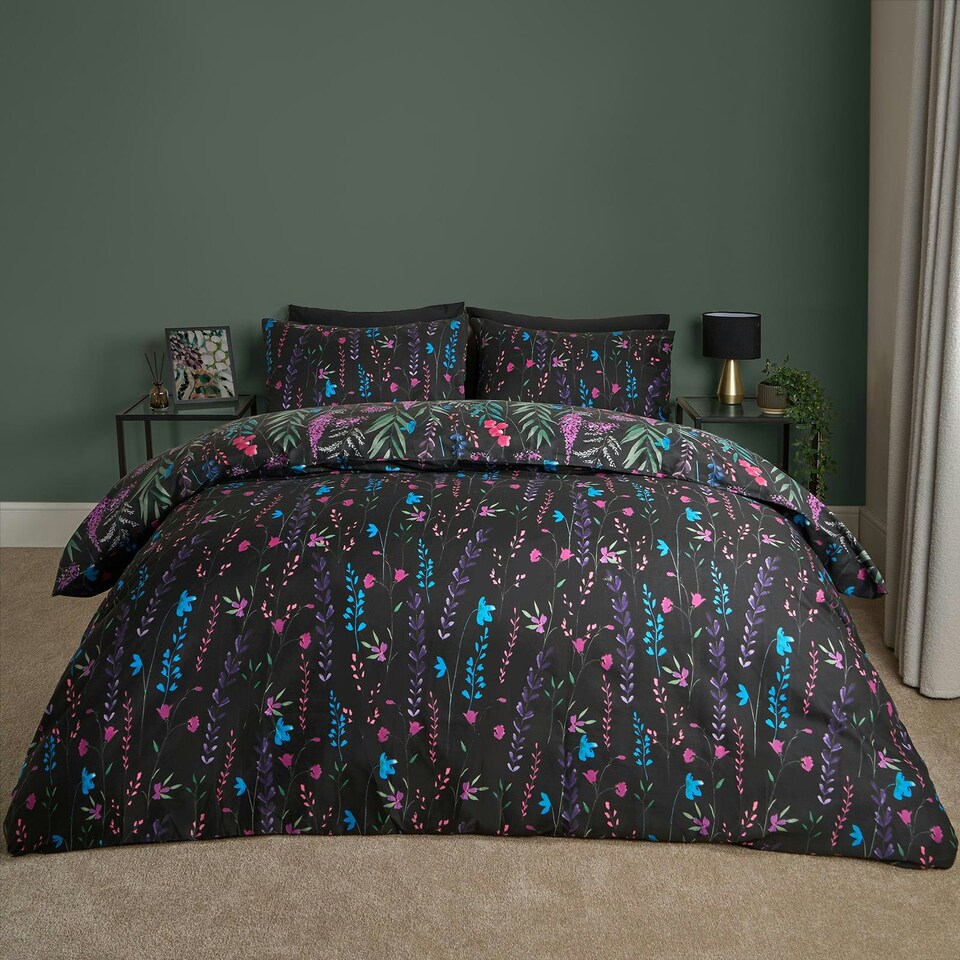 image 1 of OHS Botanical Floral Duvet Cover and Pillowcase Bedding Set, Single - Black