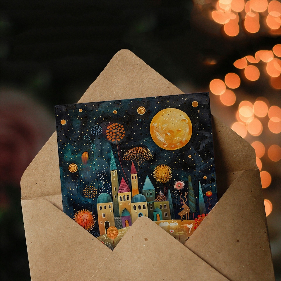 image 1 of Hilltop City Stars Full Moon Colourful Folk Her Birthday Card