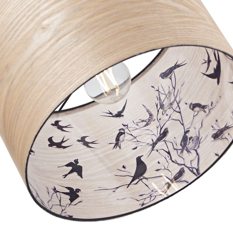 image 1 of Bamboo Wood Effect Lamp Shade with Inner Lining of Birds and Trees | Brown