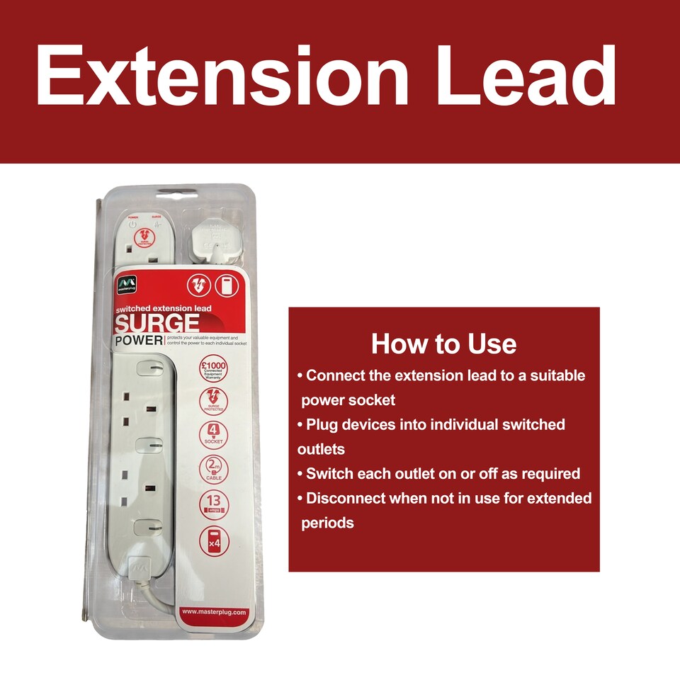 image 1 of Masterplug 4 Socket Surge Protected Extension Lead With Individual Switches Pack of 2