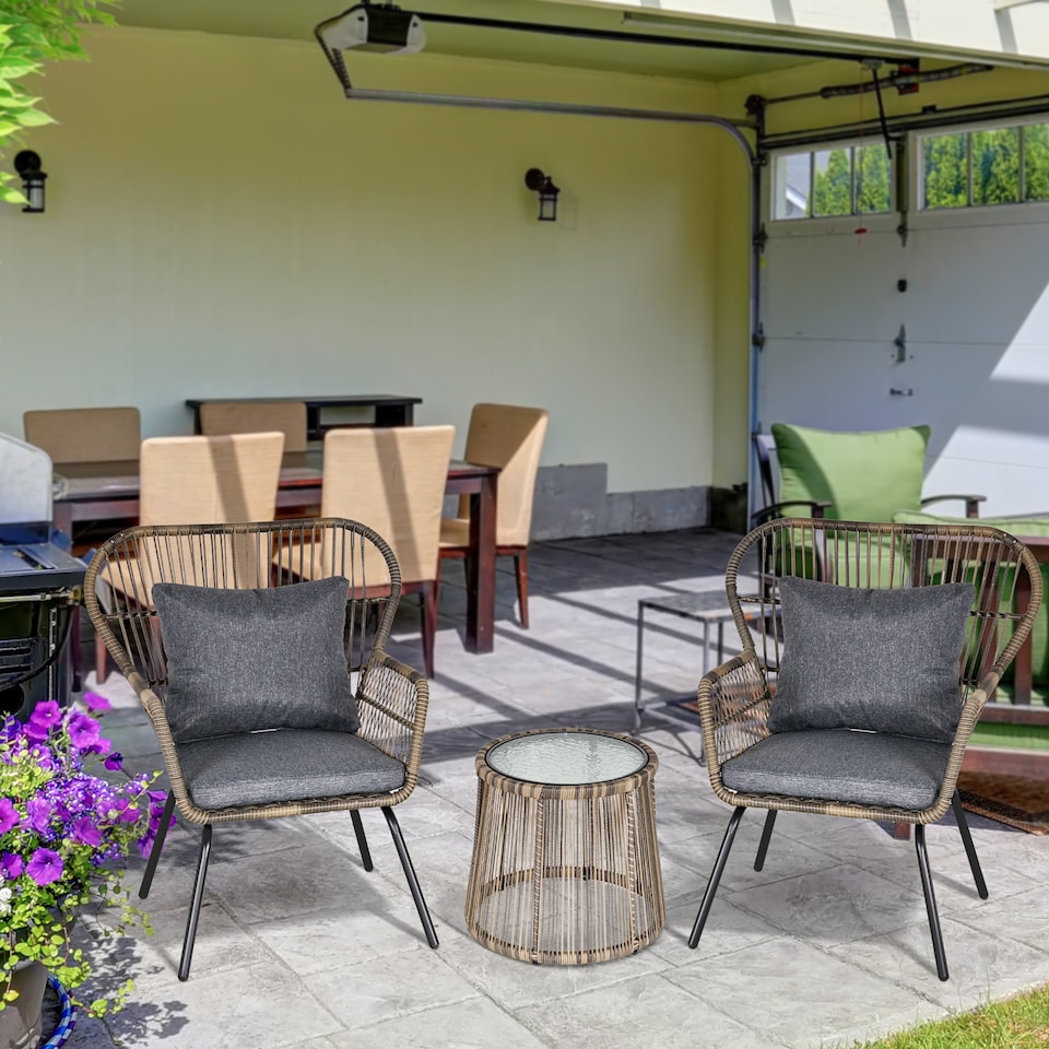 image 1 of Outsunny 3 Pieces Rattan Bistro Set, Wicker Garden Furniture Set with Cushions, Glass Top Coffee Table and Chairs for Outdoor, Patio, Balcony, Grey