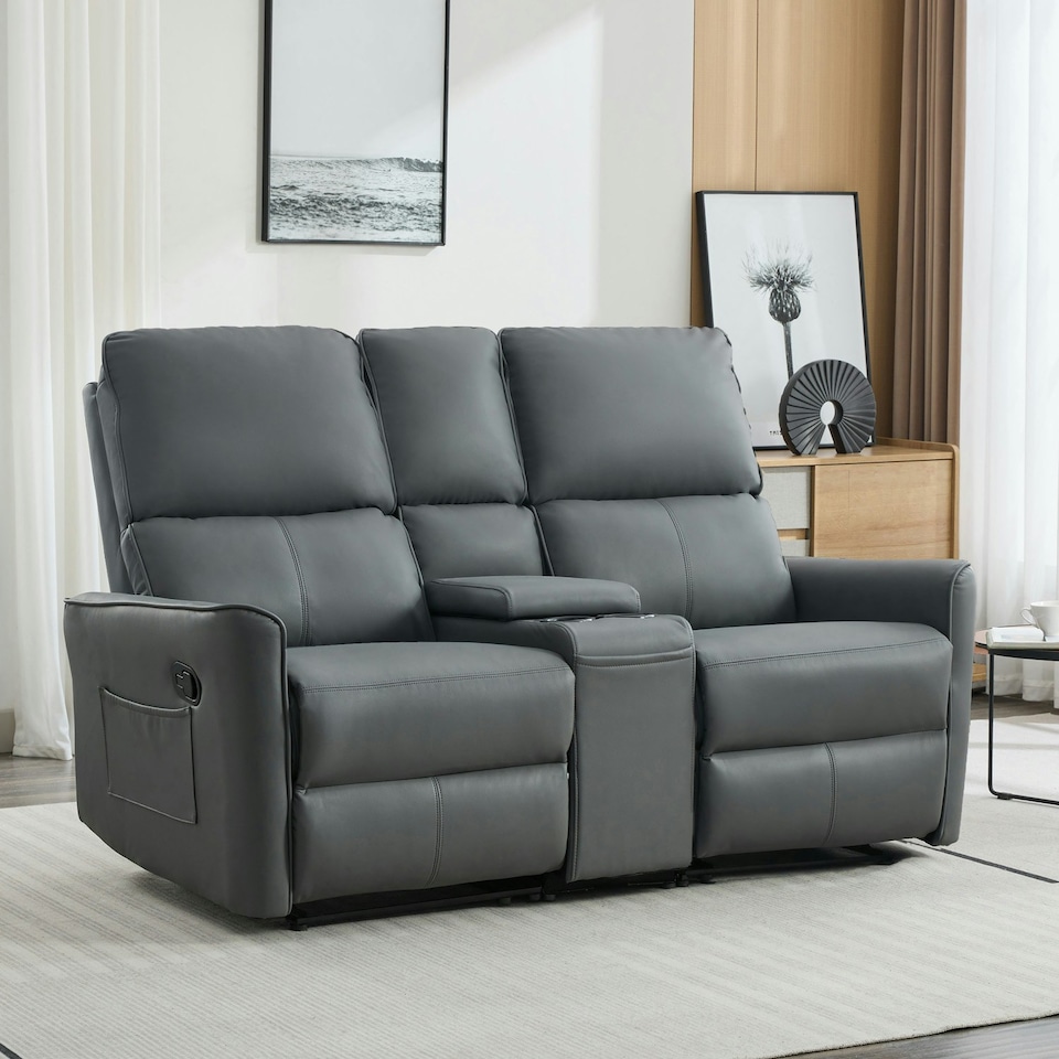 image 1 of Madrid 2 Seater Manual Recliner Air Leather Sofa w Drinks Console Grey