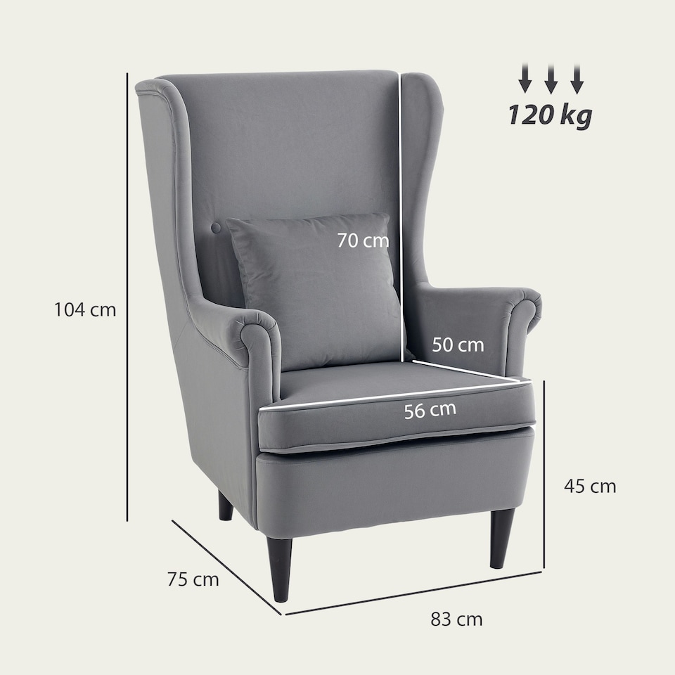 image 1 of HOMCOM Wingback Chair, Modern Accent Chair for Living Room Bedroom Grey