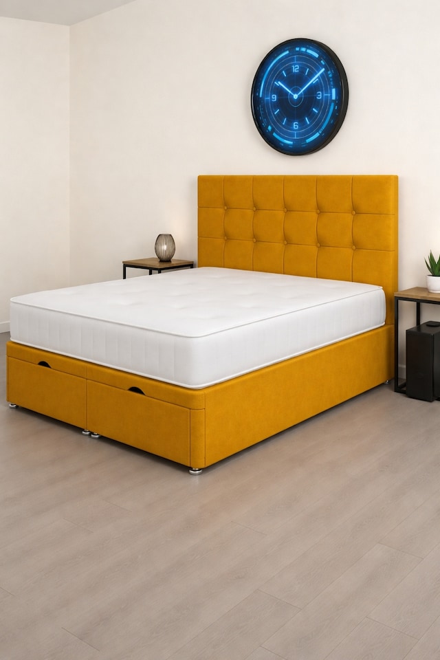 image 1 of Cube Mustard Plush Ottoman Foot Lift 4ft6 Double Divan Bed Set