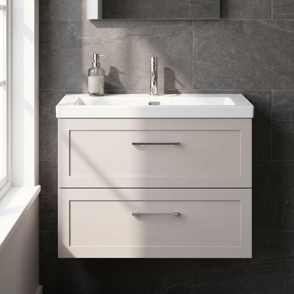 image 1 of Balterley Stonnall Traditional Wall Hung 2 Drawers Vanity Unit with 1 Tap Hole Fireclay Basin, 800mm, Pebble Grey