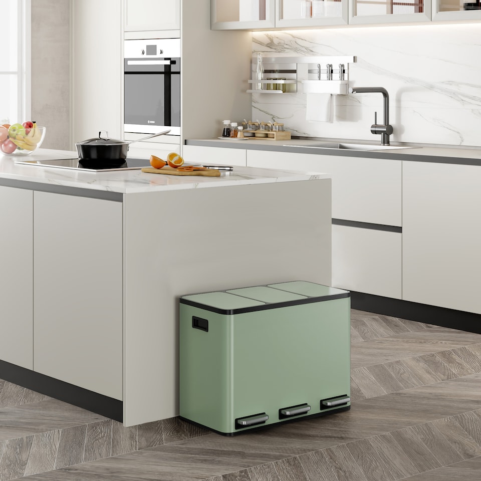 image 1 of 3 Compartment 45L Waste & Recycling Kitchen Bin (3 x 15L) | Green | Sage Green | 45L