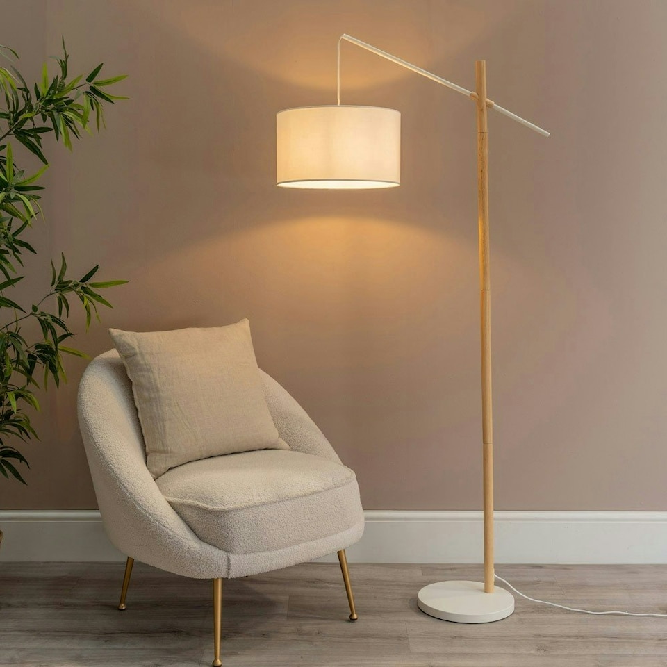 image 1 of ValueLights Adrianna Wooden Hanging Floor Lamp with White Drum Lamp Shade and LED Bulb