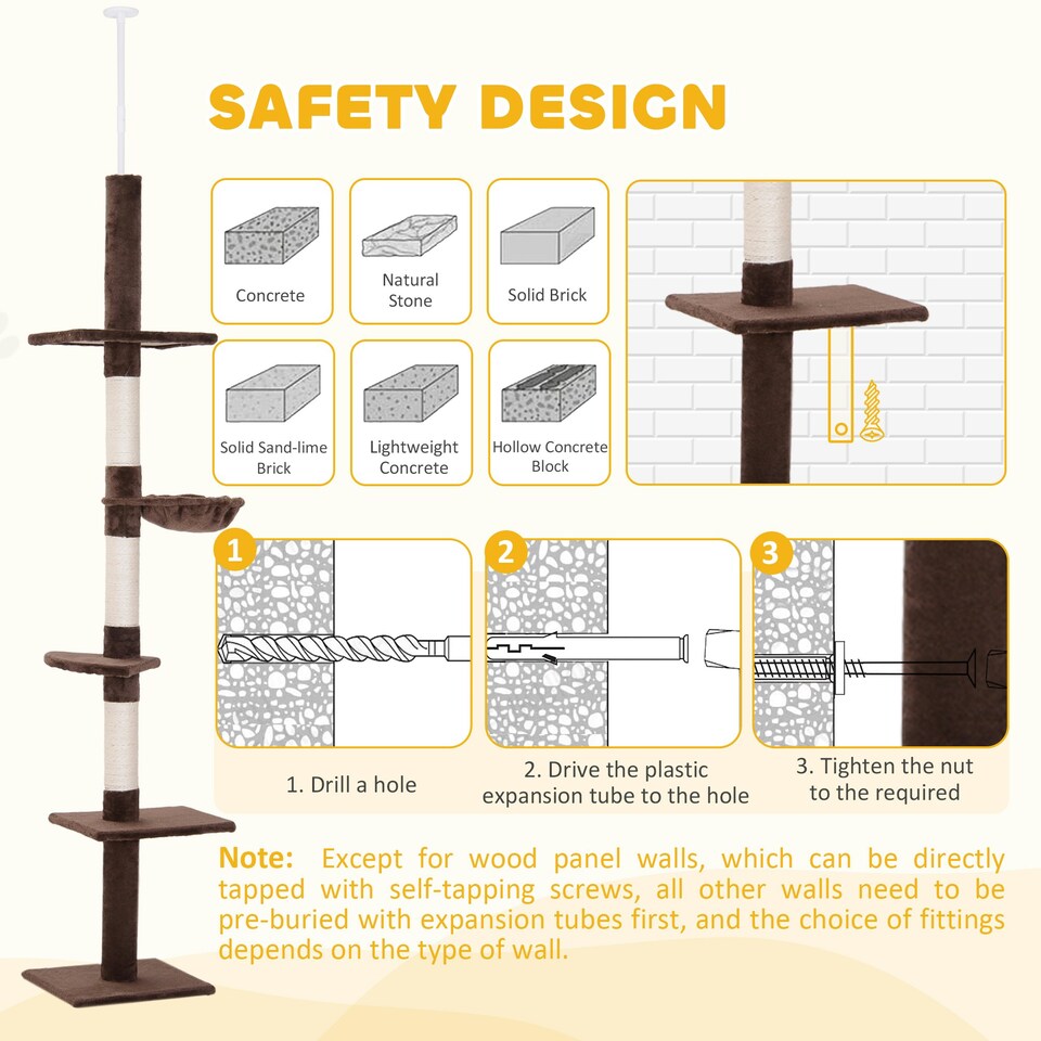 image 1 of PawHut Floor to Ceiling Cat Tree 5-Tier Climbing Tower Scratching Post Brown