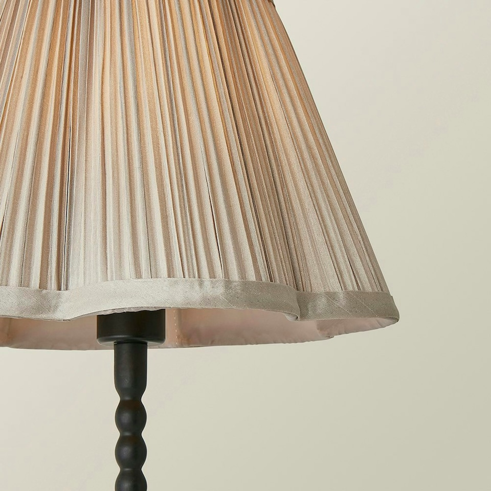image 1 of ValueLights Maeve Light Grey Pleated Faux Silk Scallop Shade Black Bobbin Table Lamp & Bulb | Black