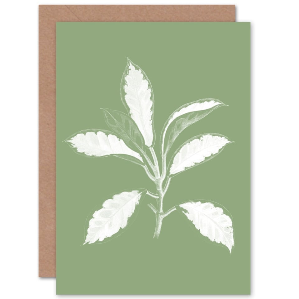 image 1 of White Green Exotic Leaves Just To Say Blank Art Card