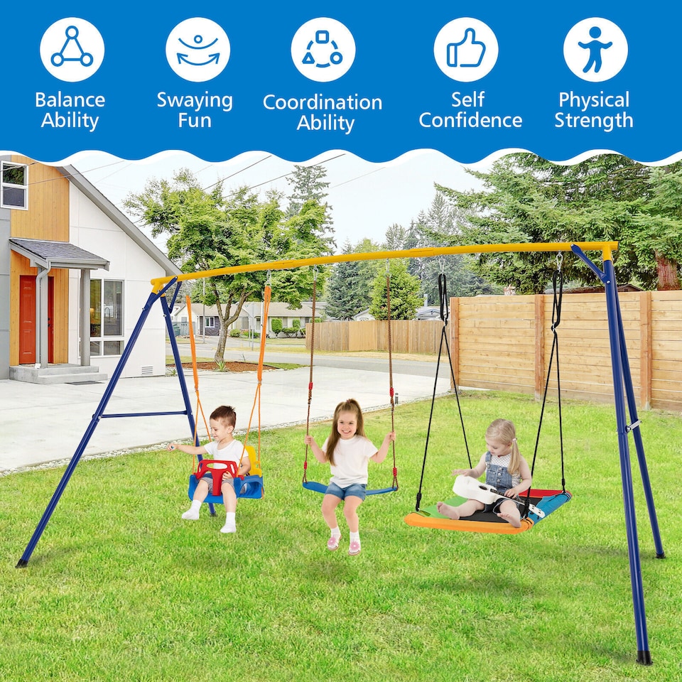 image 1 of COSTWAY 300 kg Heavy Duty Swing Set Backyard Kids Swing Set Indoor & Outdoor Playset