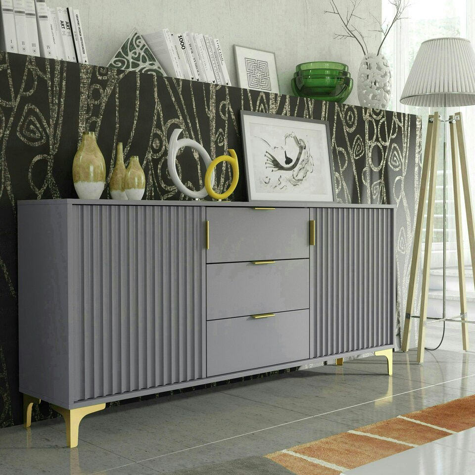 image 1 of Bold sideboard 140cm grey ribbed fronts gold accents Grey