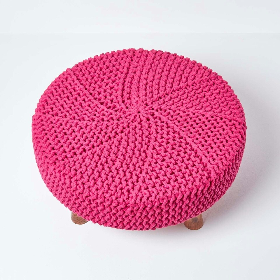 image 1 of Homescapes Hot Pink Large Round Cotton Knitted Footstool on Legs