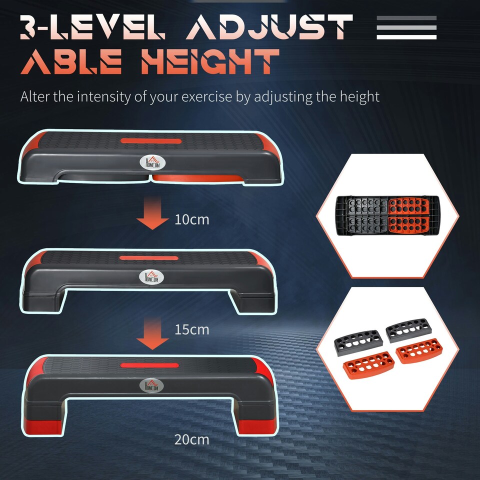 image 1 of HOMCOM Aerobic Step Three-Level Adjustable Exercise Stepper, Grey and Red