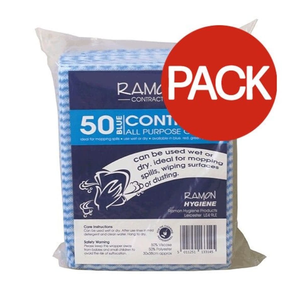Ramon Contract All Purpose Cloths (Pack of 50) - Blue - 30 x 38cm