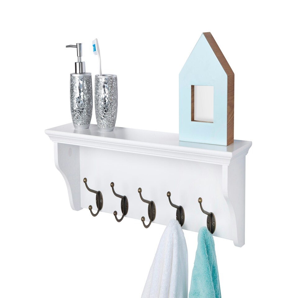 image 1 of Elegant Brands Richmond Wall-Mounted Coat Rack with 5 Hooks and Shelf White | S