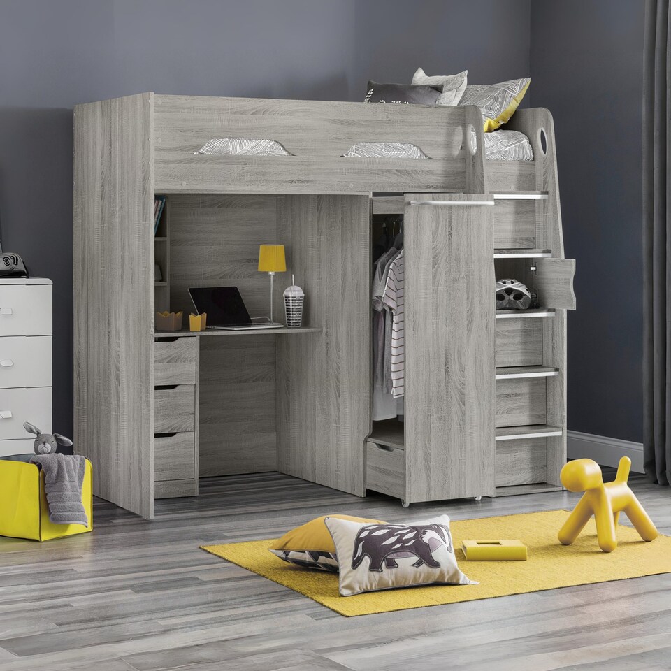 image 1 of Pegasus 90cm Single Grey Oak Effect Highsleeper Loft Bed with Desk