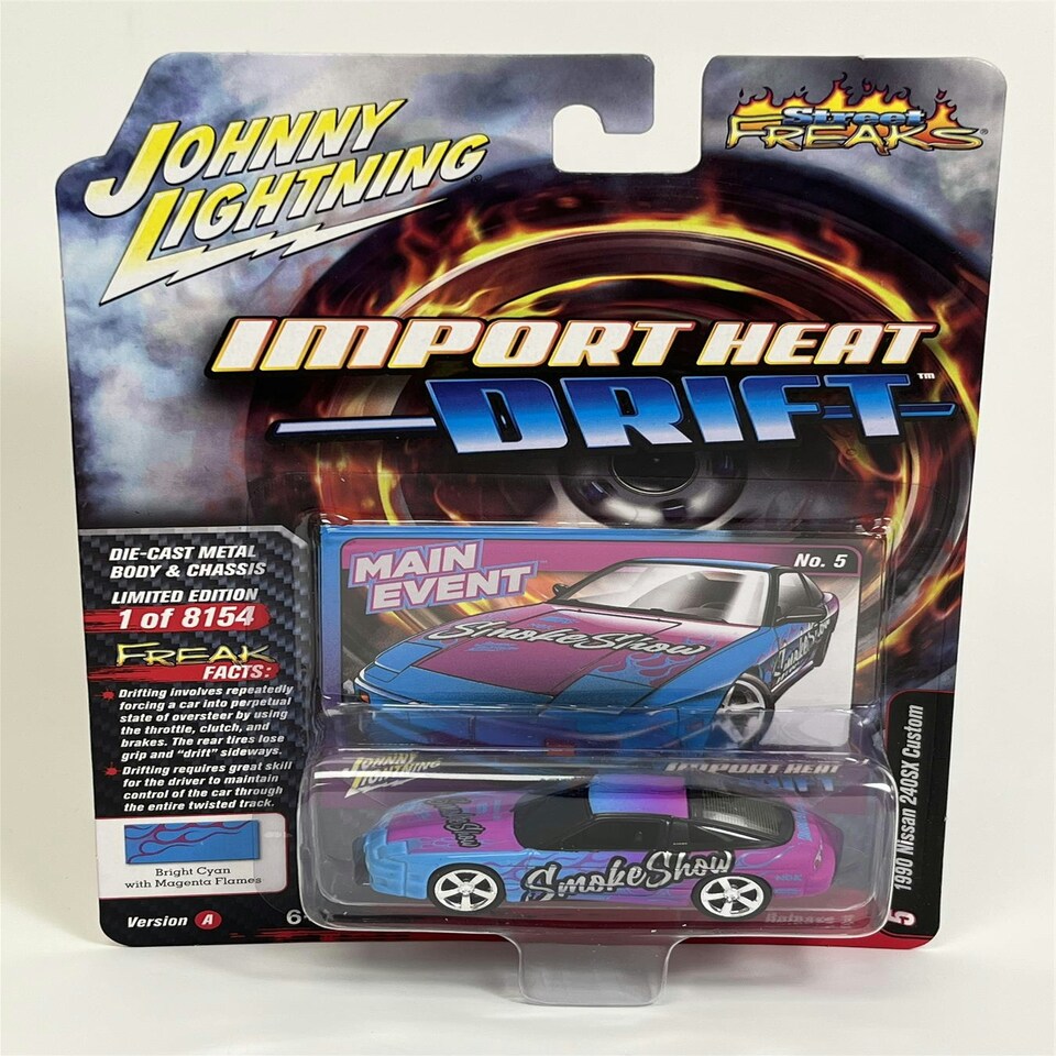 image 1 of 1990 Nissan 240SX Custom Bright Cyan with Magenta Flames 1:64 Johnny Lightning JLSF024A