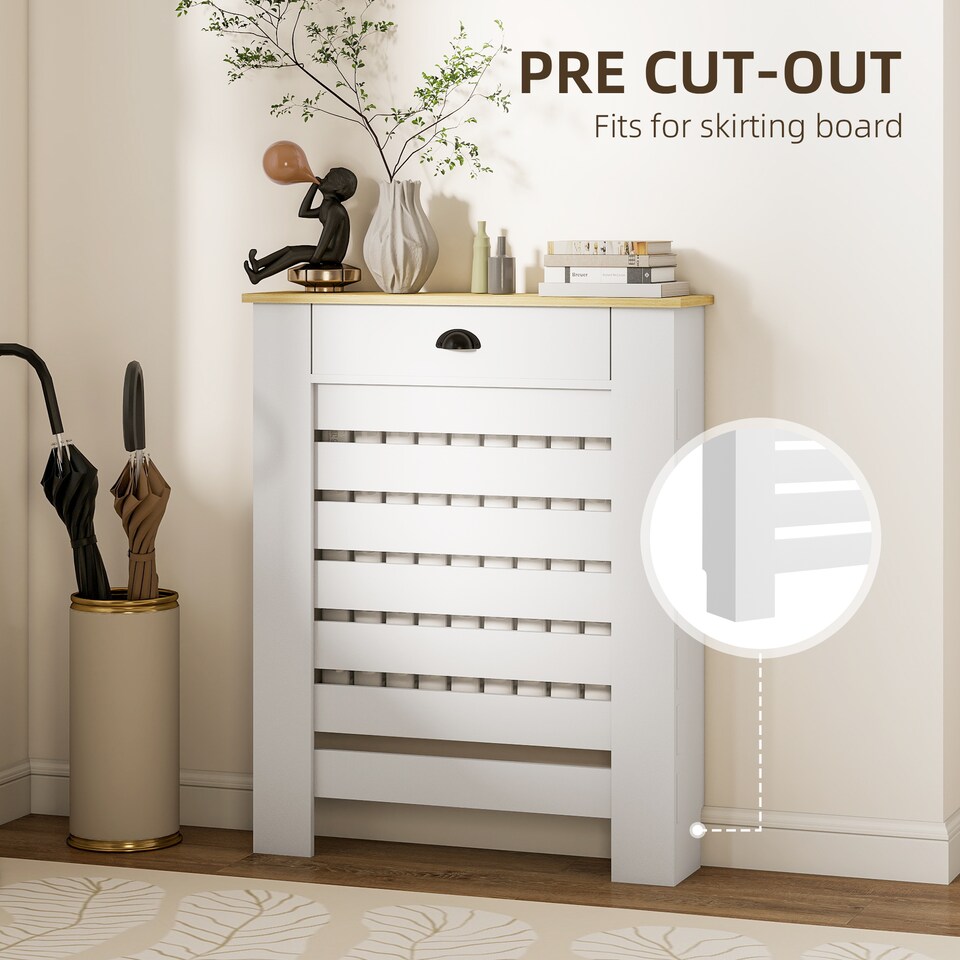 image 1 of HOMCOM Radiator Cover with Drawer, Horizontal Slat, 78cm, White | White | White with wood-effect top | 1