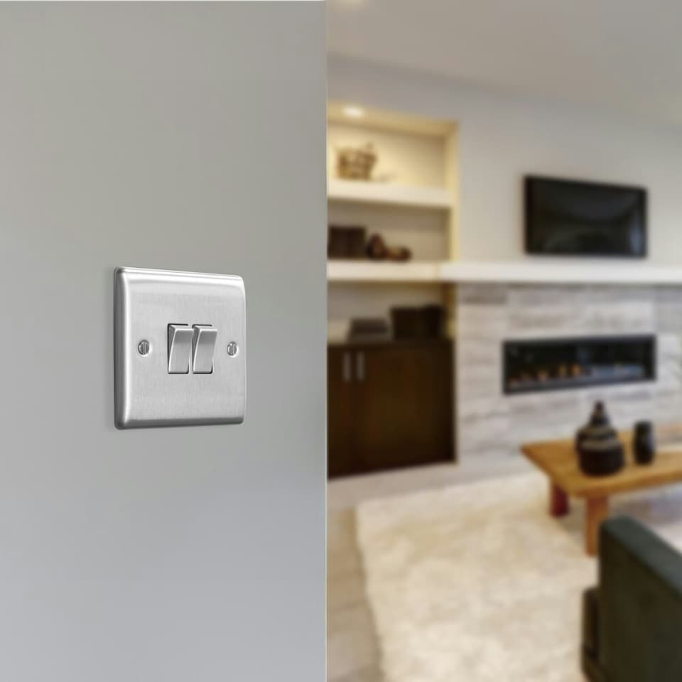 image 1 of BG Nexus Metal 20A Double Wall Light Switch, 2 Way, Brushed Steel