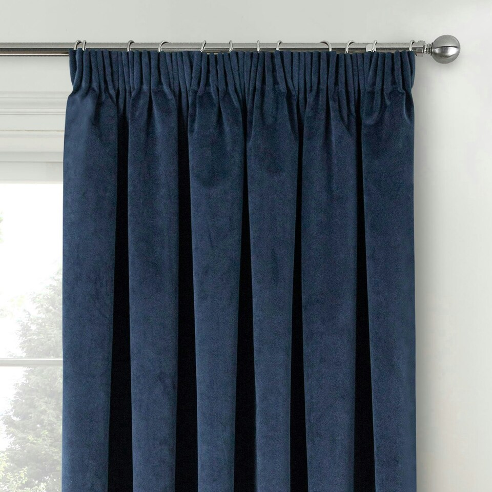 image 1 of Oxford Navy Velvet Curtains 46 x 72 inch (117 x 183 cm) 100% Blackout Pencil Pleat Thermal Noise Reducing Curtains for Bedroom and Living Room