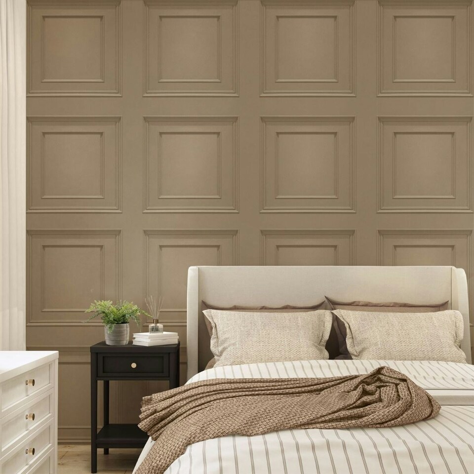 image 1 of Belgravia Oliana Wood Panel Wallpaper - Beige - 10m x 53cm Brown