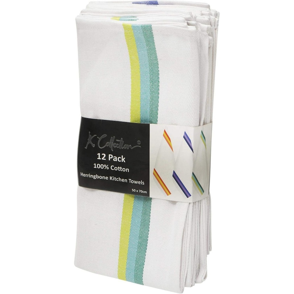 image 1 of K Collection Stripe Tea Towel Set (Pack of 12) | Multi | Multicoloured | One Size | 1