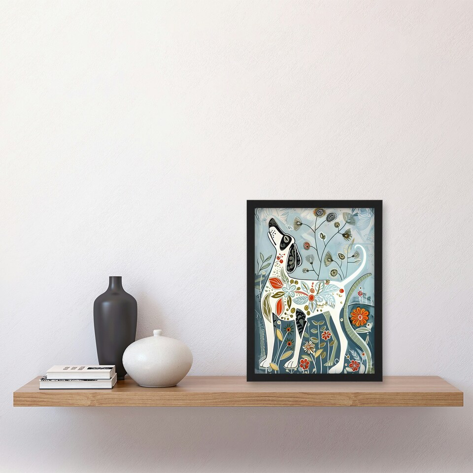 image 1 of Spring Flower Garden Dog Lover Fun Folk Art Black Framed Wall Art Print A4