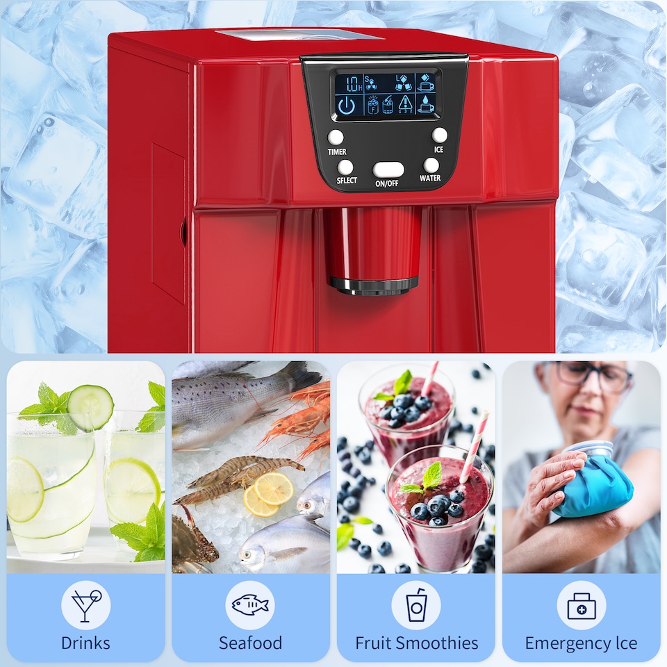 image 1 of HOMCOM 3L Ice Maker Machine and Water Dispenser, 12kg in 24H, 2 Size Options 9 Ice Cubes Ready in 6-10 Mins Countertop Ice Machine for Home, Kitchen, Office, Bar, Red