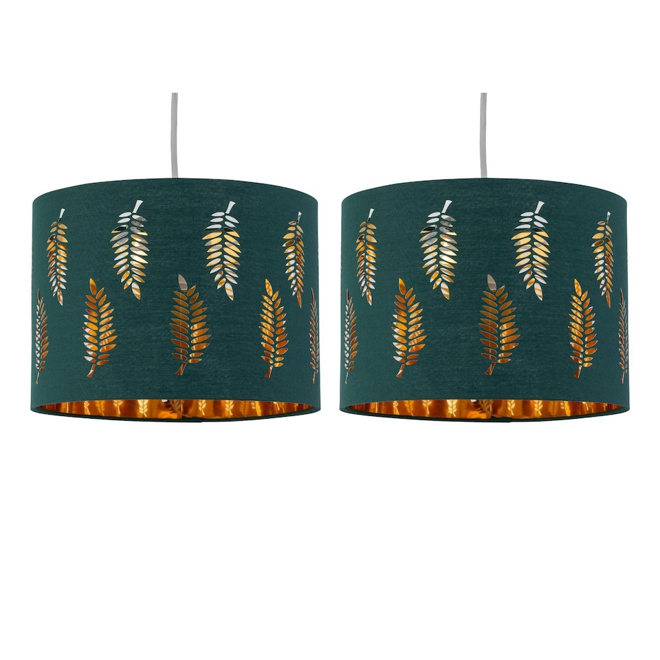 image 1 of First Choice Lighting Set of 2 Fern Dark Green Cut Out 30cm Pendant Lightshades Green | Gold