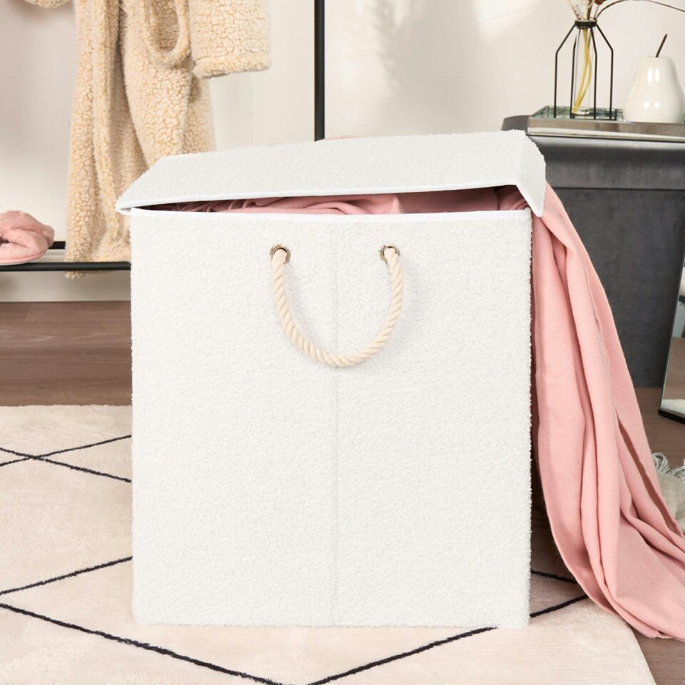 image 1 of OHS Teddy Fleece Boucle Collapsible Storage Laundry Basket, 1-2kg - White