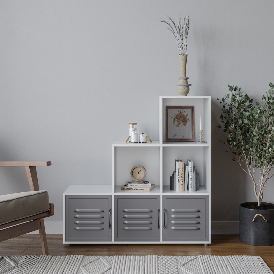 image 1 of 6-Cube Step Shelving Unit With Metal Doors | White | White & Grey | 1