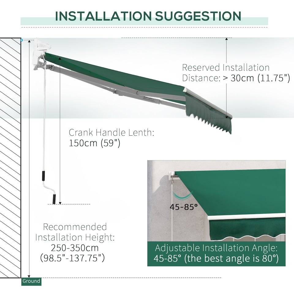 image 1 of Outsunny Manual Retractable Awning Garden Shelter Canopy 3 x 2m Green | Green | 1