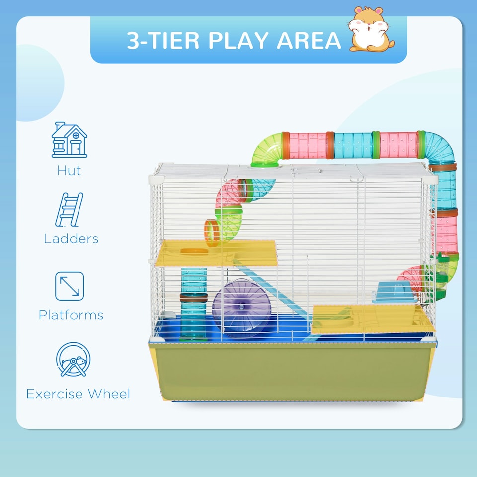 image 1 of PawHut Hamster Cage w/ Tubes Exercise Wheel, Water Bottle, Food Dish - Blue