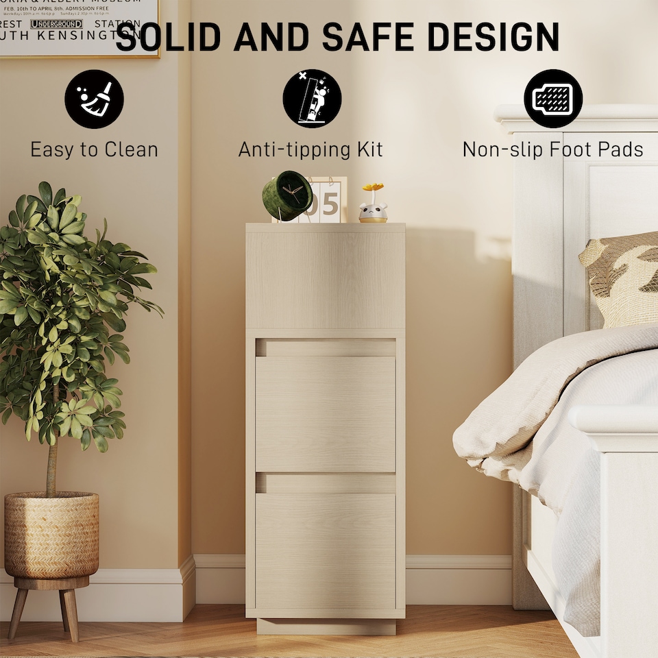 image 1 of HOMCOM Slim Bedside Table, Narrow Bedside Cabinet with Open Shelf and 2 Drawers, Modern Nightstand for Bedroom, Living Room, Natural Wood Finish | Brown | Natural wood finish