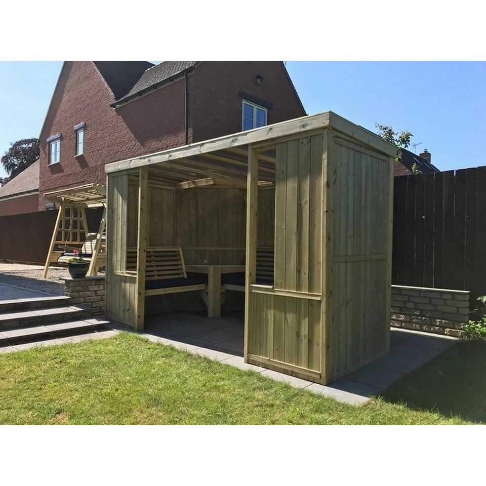 image 1 of Buttercup Garden Room Shelter -  Swedish Redwood - L210 x W335 x H205 cm - Assembly included - Set of Waterproof Cushions Included | Brown