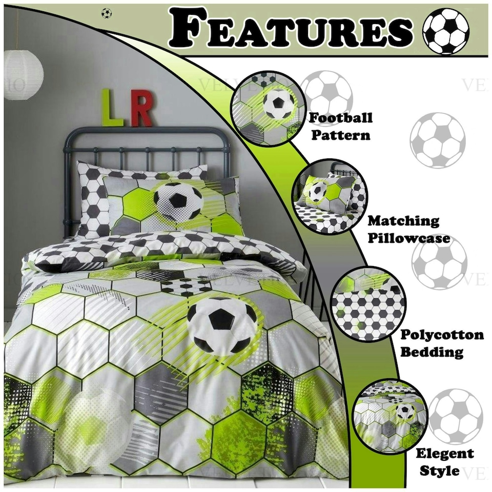 image 1 of VELVETIO Football Stamp Duvet Cover Set Easy Care Polycotton Kids Beddings Grey | Double