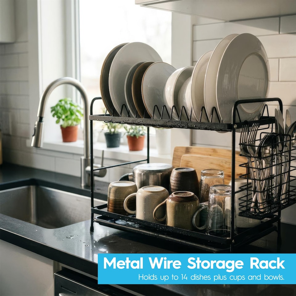 image 1 of Harbour Housewares Metal Kitchen Dish Drainer Rack 2-Tier Cutlery Holder Bowl Plate Drying Rack with Drip Tray