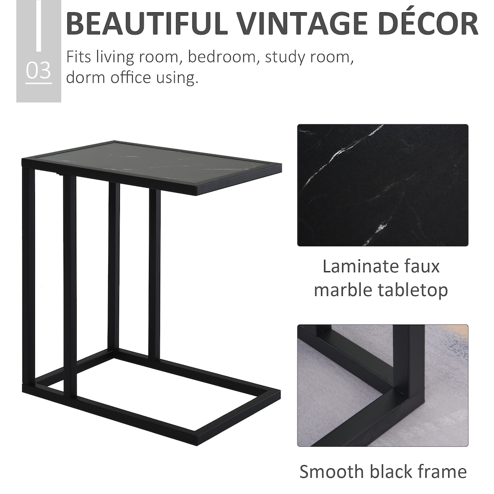 image 1 of HOMCOM C Shape End Table withMetal Frame Sofa Side Table Narrow Snack Coffee Table for Living Room, Black Marble Effect | Black