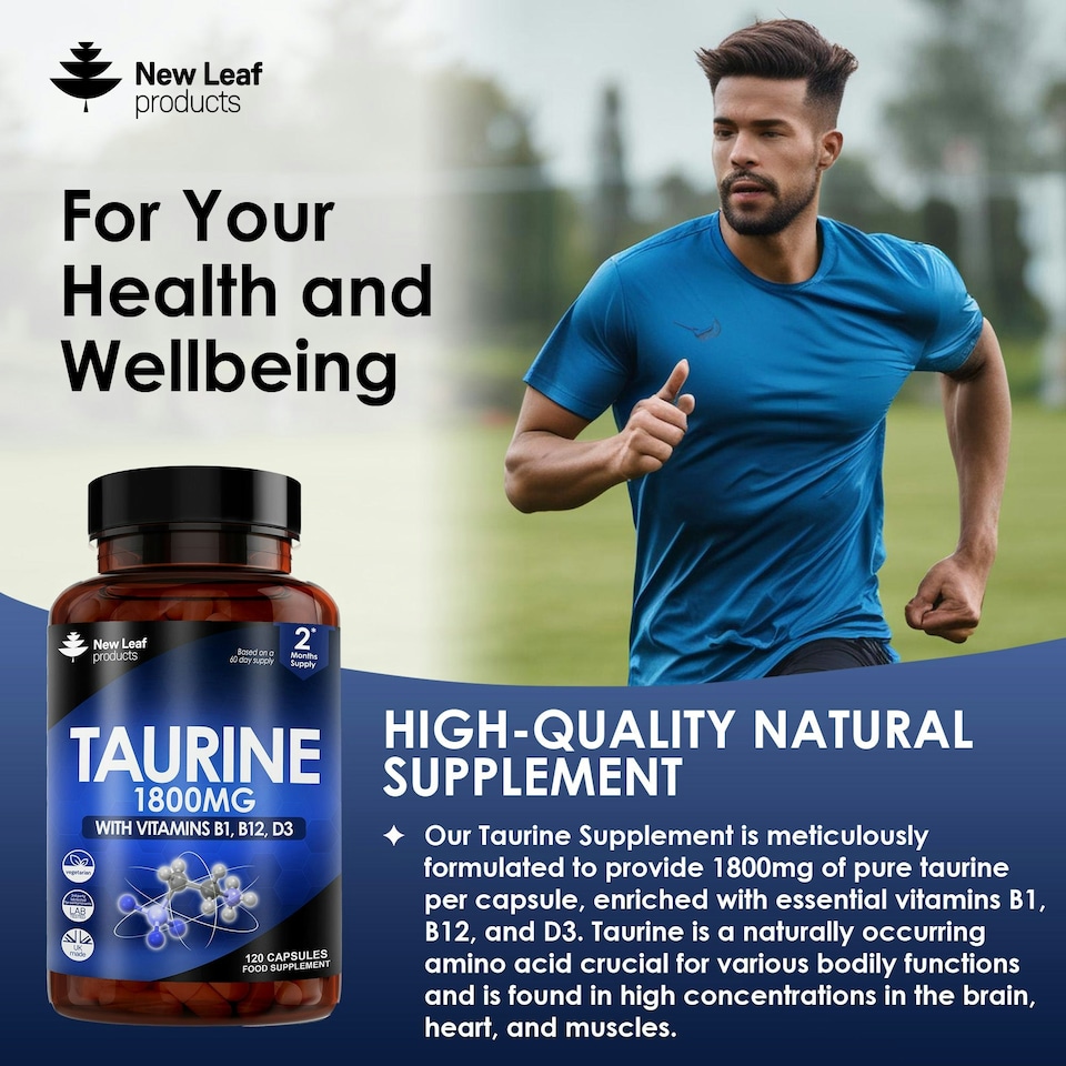 image 1 of Taurine Capsules - Brain & Heart Health Support - Vegetarian 120 Capsules